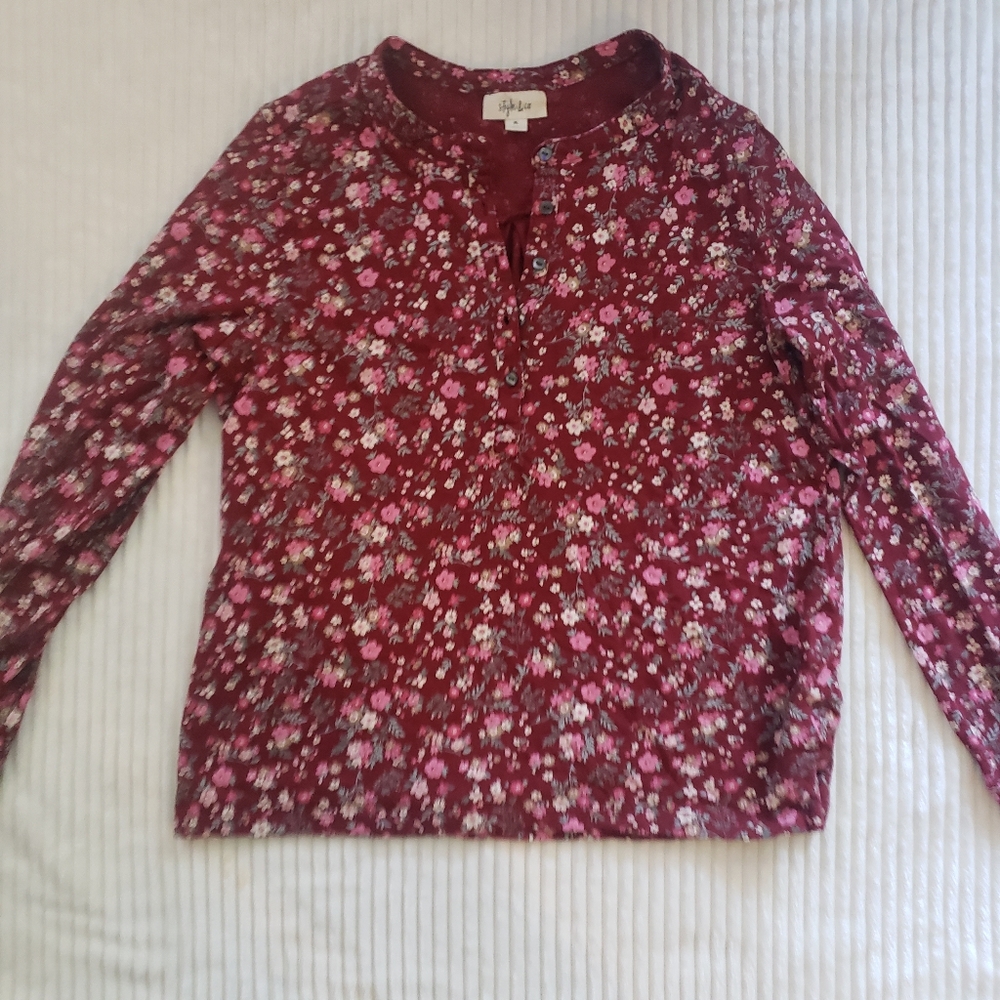 Style & Co Womens Red Floral Print Long Sleeve Top PL